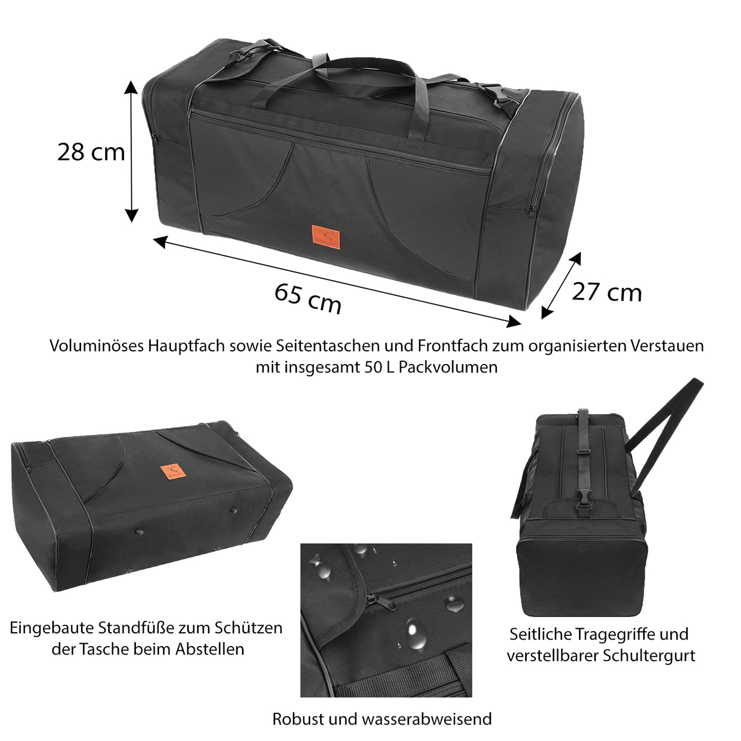 Reisetasche in schwarz mit 50 Liter Volumen - Infografik