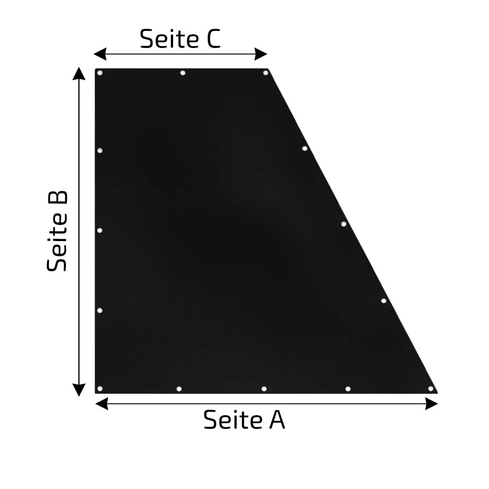 Trapezförmige Abdeckplane auf Mass mit rechtem Winkel und Ösen, wasserdicht