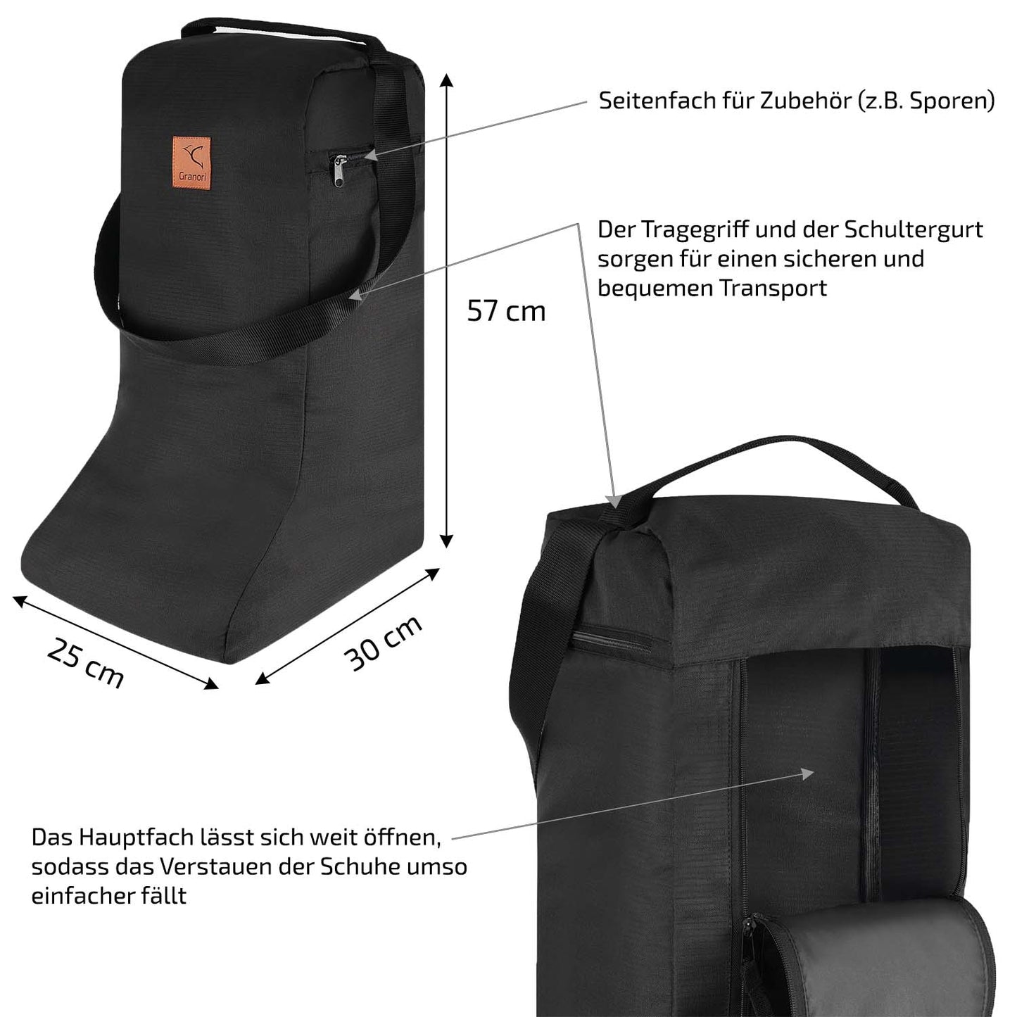 Stiefeltasche mit großer Öffnung und Seitenfach