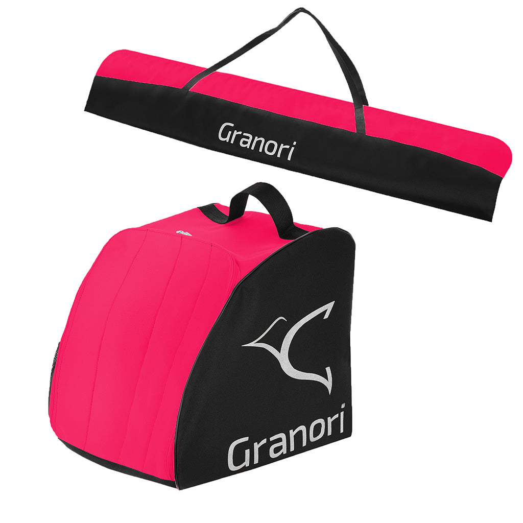 Skischuhtasche und Skitasche als Set in der Farbe neonrot-schwarz