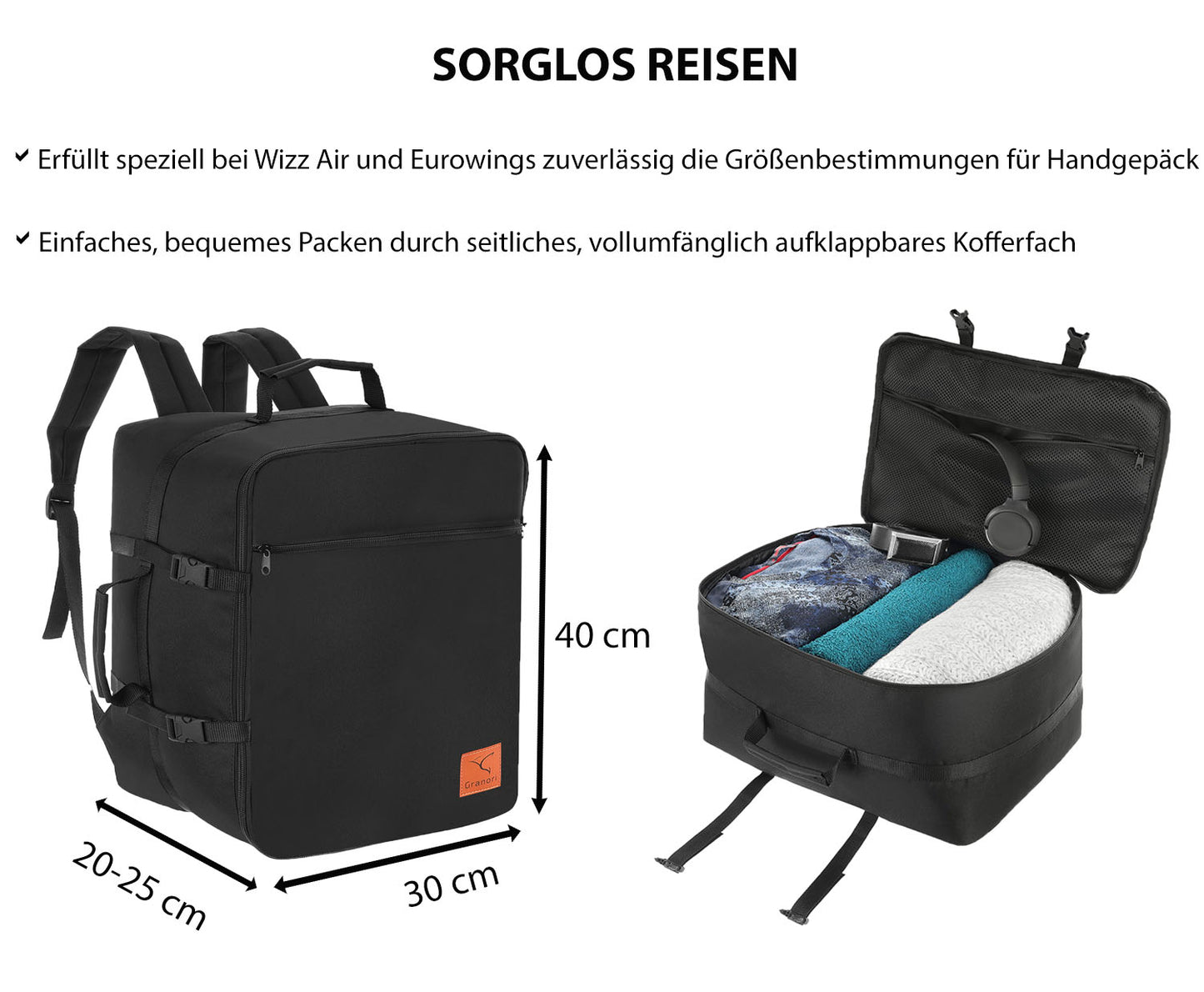 40x30x25 cm / 40x30x20 cm (flexible Maße) Handgepäck Koffer-Rucksack aufklappbar für Eurowings (Beschreibung als Grafik)