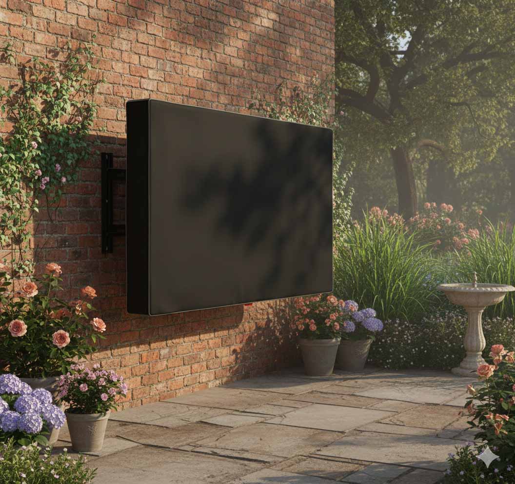 Maßgefertigte Outdoor TV Abdeckung nach Maß im Garten auf der Terrasse