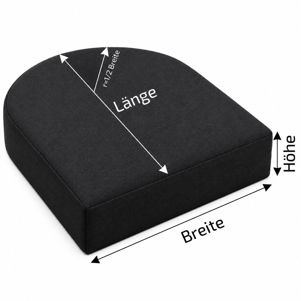 Maßskizze für halbrundes D-Form-Polster mit Länge, Breite, Höhe und Radius