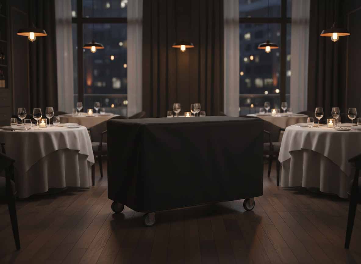 Maßgefertigte Abdeckplane für einen Küchen- und Servierwagen auf Terrasse und im Garten, wasserabweisend, UV-beständig und für den Outdoor-Einsatz konzipiert