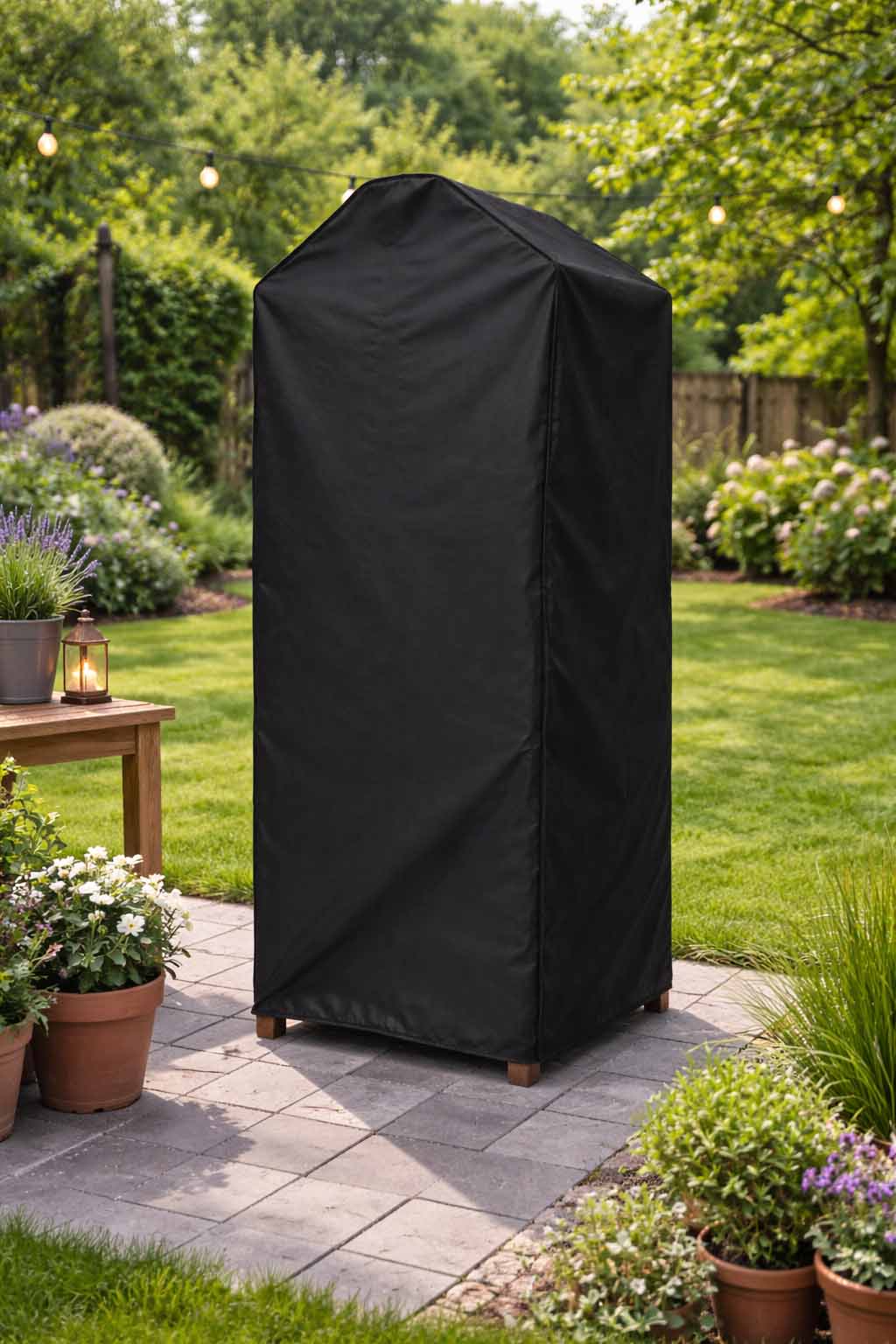 Räucherofen Abdeckplane nach Maß im Garten