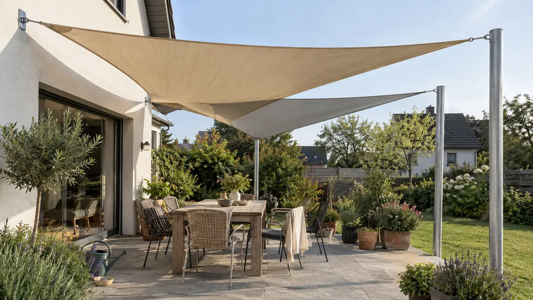 Zwei überlappend angeordnete Sonnensegel beschatten gemeinsam eine wohnliche Gartenterrasse