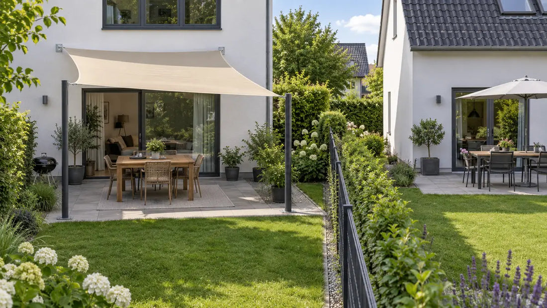 Sonnensegel mit erkennbarem Abstand zur Grundstücksgrenze und benachbarter Terrasse