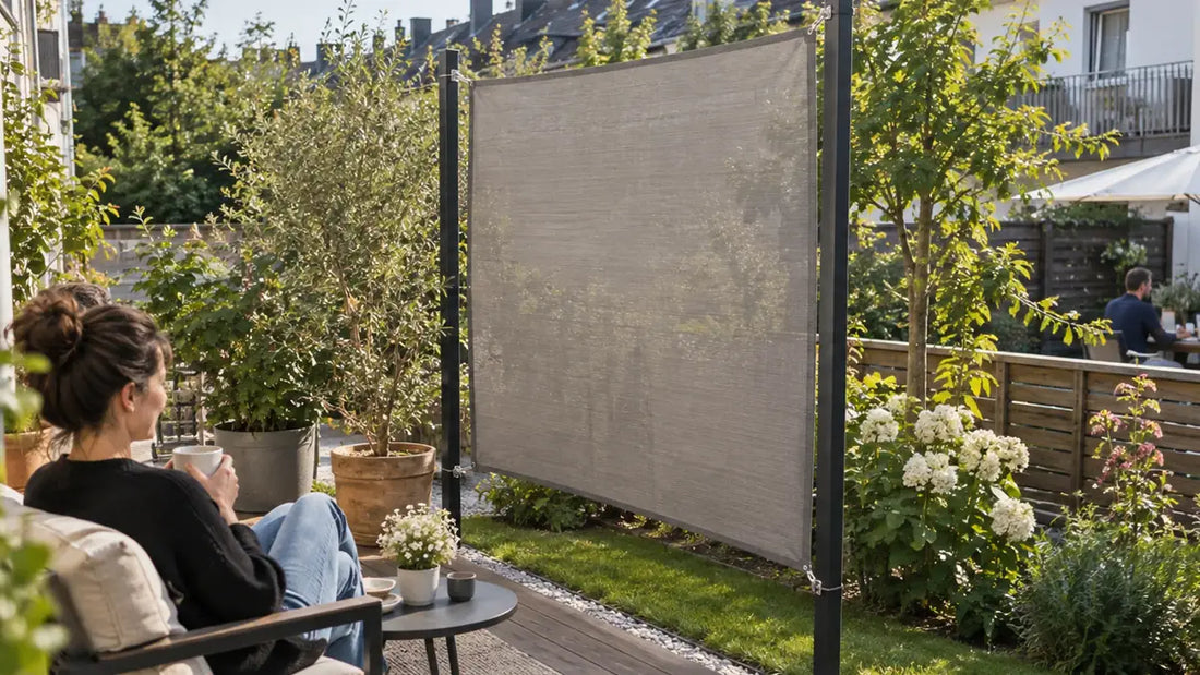 Seitlich montiertes textiles Sonnensegel als Sichtschutz auf einer bewohnten Terrasse mit sichtbaren Befestigungspunkten