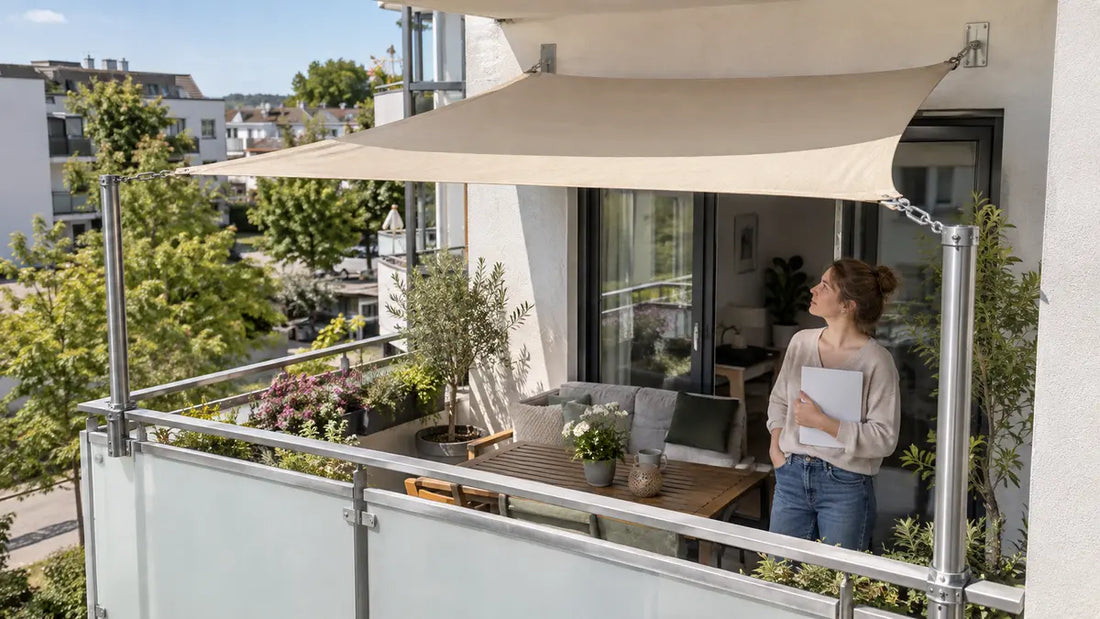 Mieterin prüft ein Sonnensegel mit vier nachvollziehbaren Befestigungspunkten auf dem Balkon