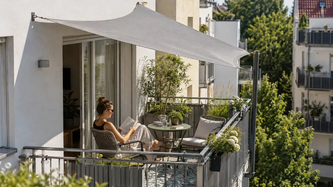 Kompaktes Sonnensegel beschattet einen Stadtbalkon mit Sitzplatz