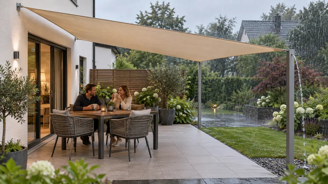 Wasserdichtes Sonnensegel mit Gefälle hält eine Terrasse bei normalem Regen trocken