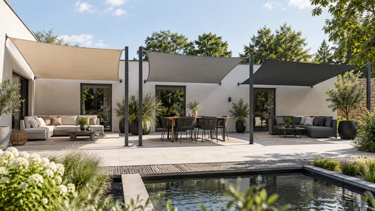 Terrassen mit Sonnensegeln in Beige, Grau und Anthrazit bei gleicher natürlicher Beleuchtung