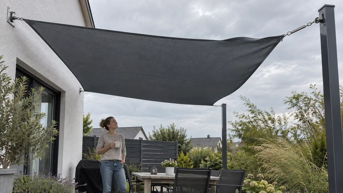 Leicht flatterndes Sonnensegel mit sichtbaren Wandhaltern, Pfosten und lockerer Spanntechnik