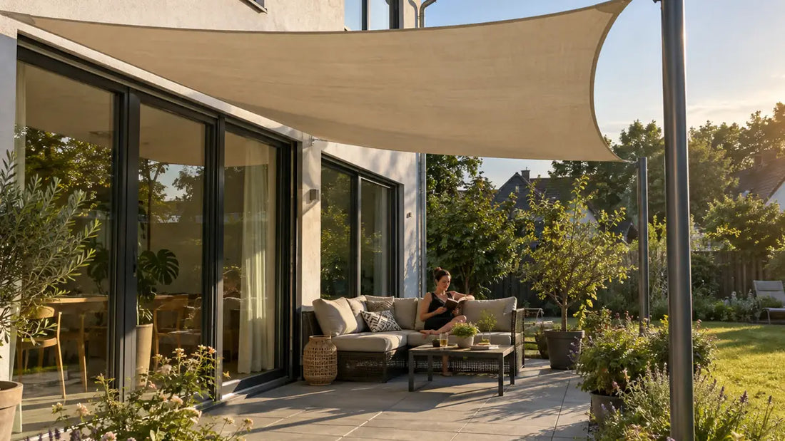 Helles Sonnensegel beschattet Terrasse und bodentiefe Fenster während der heißen Nachmittagssonne