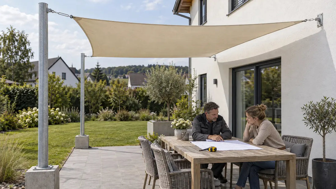 Hausbesitzerin und Fachmann prüfen die Planung eines Sonnensegels mit fest gegründeten Masten