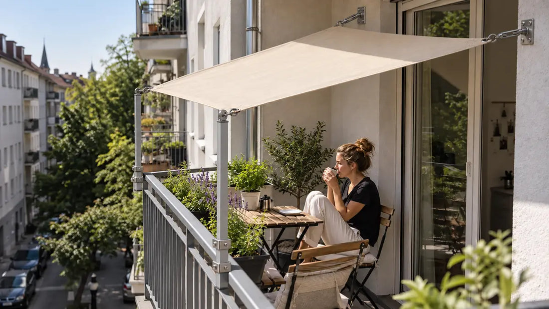 Kleines Sonnensegel mit vier sichtbaren Befestigungspunkten über einem Stadtbalkon
