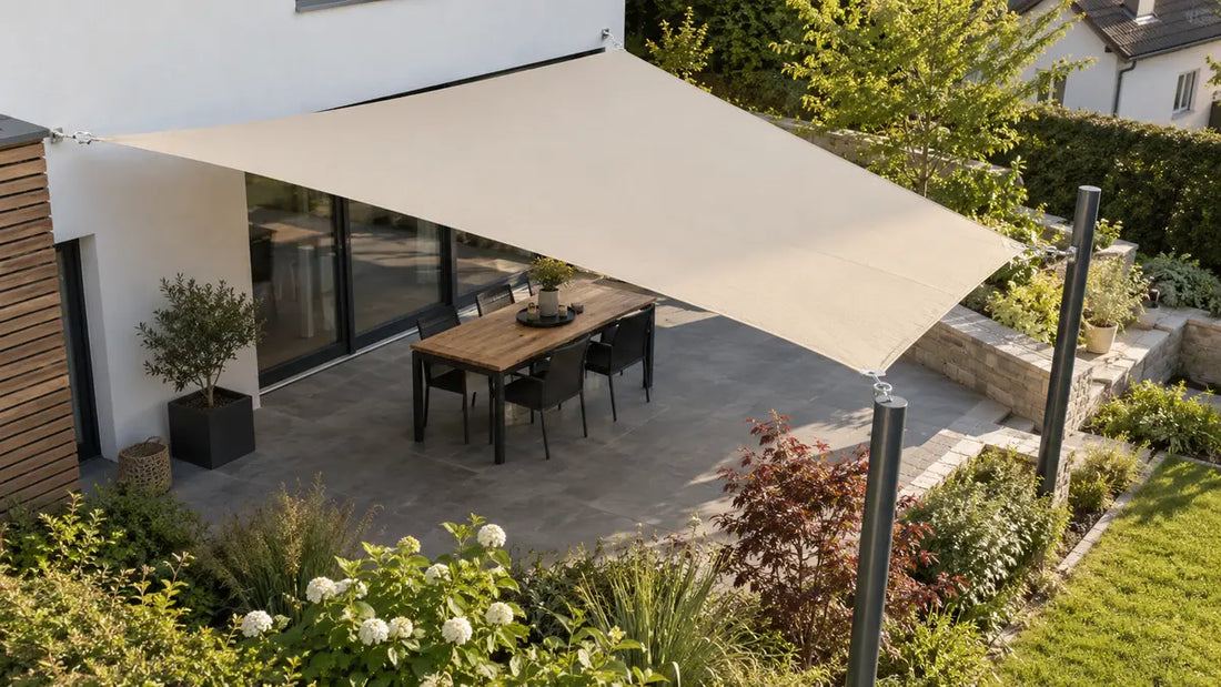 Passgenaues trapezförmiges Sonnensegel nach Maß über einer individuellen Terrasse