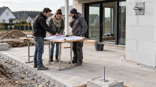 Bauherren und Handwerker planen Fundamente und Wandanschlüsse für ein späteres Sonnensegel
