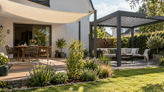 Sonnensegel und Pergola mit Lamellendach in einem natürlich genutzten Garten im Vergleich