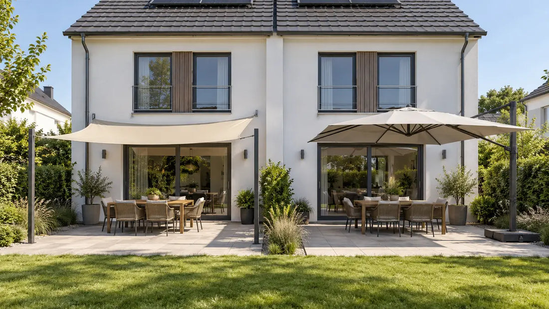 Zwei vergleichbare Terrassen mit Sonnensegel und Sonnenschirm als Sonnenschutz