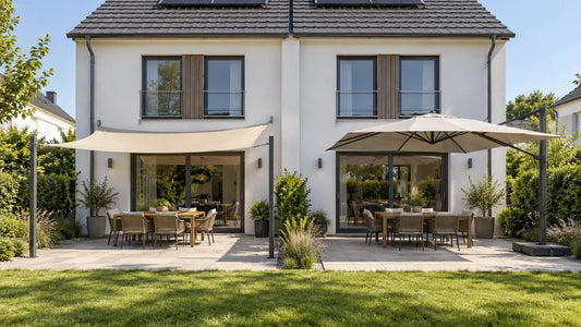 Zwei vergleichbare Terrassen mit Sonnensegel und Sonnenschirm als Sonnenschutz