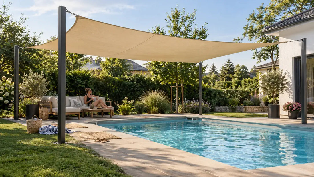 Sonnensegel beschattet einen Poolbereich mit freien Laufwegen und gut einsehbarer Wasserfläche