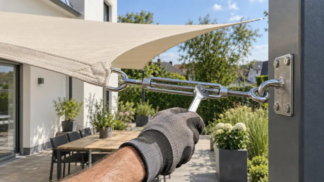 Monteur spannt ein Sonnensegel gleichmäßig mit einer Edelstahl-Spannschraube