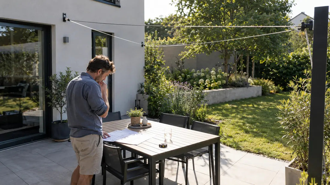 Hausbesitzer prüft Befestigungspunkte und Schattenverlauf vor der Planung eines Sonnensegels