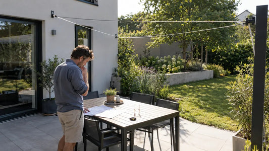 Hausbesitzer prüft Befestigungspunkte und Schattenverlauf vor der Planung eines Sonnensegels