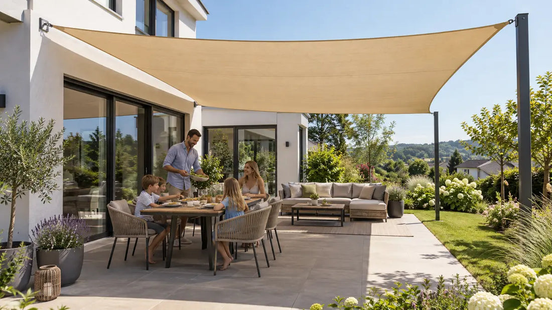 Großes passgenaues Sonnensegel beschattet eine Terrasse ohne störenden Mittelmast
