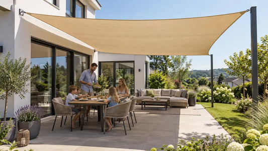 Großes passgenaues Sonnensegel beschattet eine Terrasse ohne störenden Mittelmast