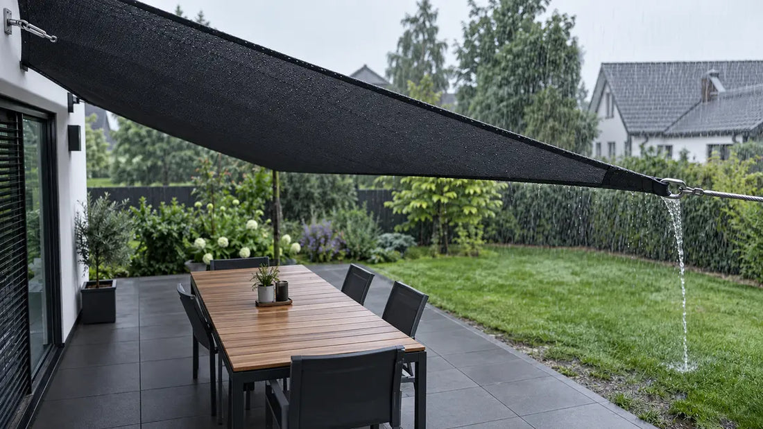 Wasserdichtes schwarzes Sonnensegel hält Esstisch und Terrasse bei Regen trocken