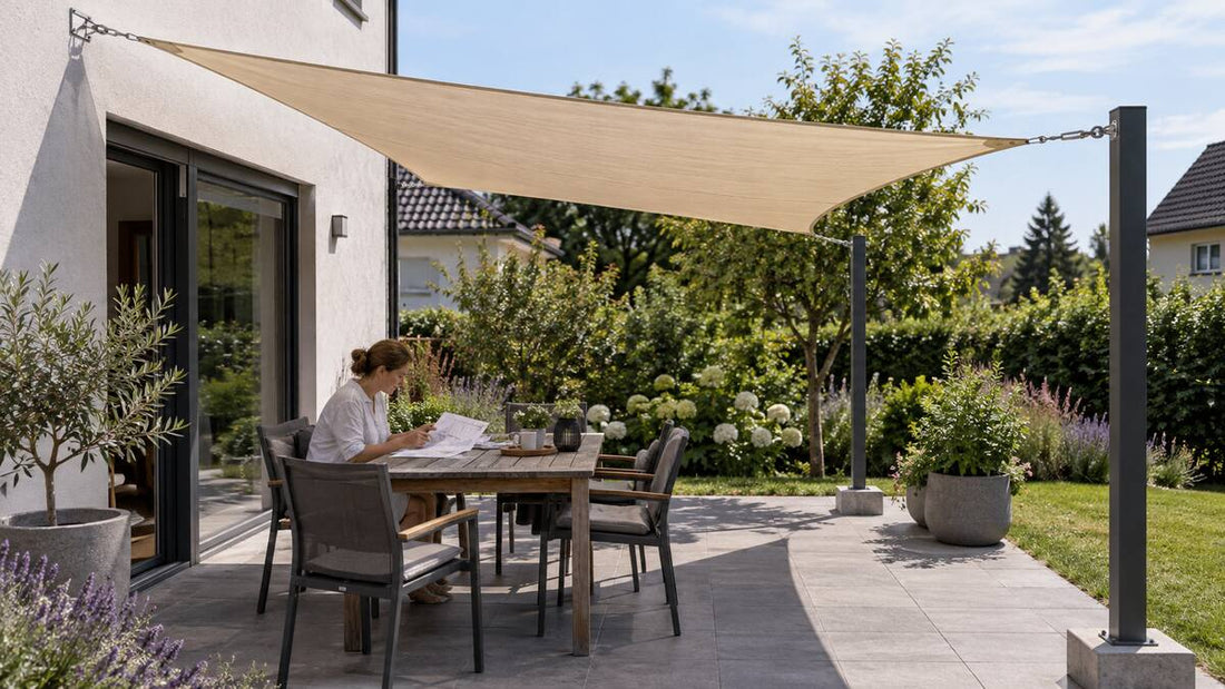 Dreieckiges Sonnensegel mit einem Wandanker und zwei stabilen Pfosten auf einer realen Terrasse