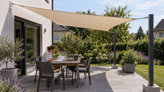 Dreieckiges Sonnensegel mit einem Wandanker und zwei stabilen Pfosten auf einer realen Terrasse