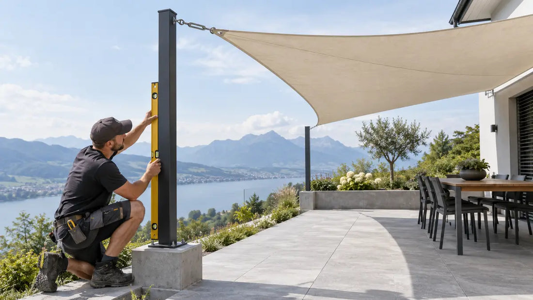 Senkrechter Sonnensegelmast mit klarer Spannrichtung und festem Fundament an einer Terrasse