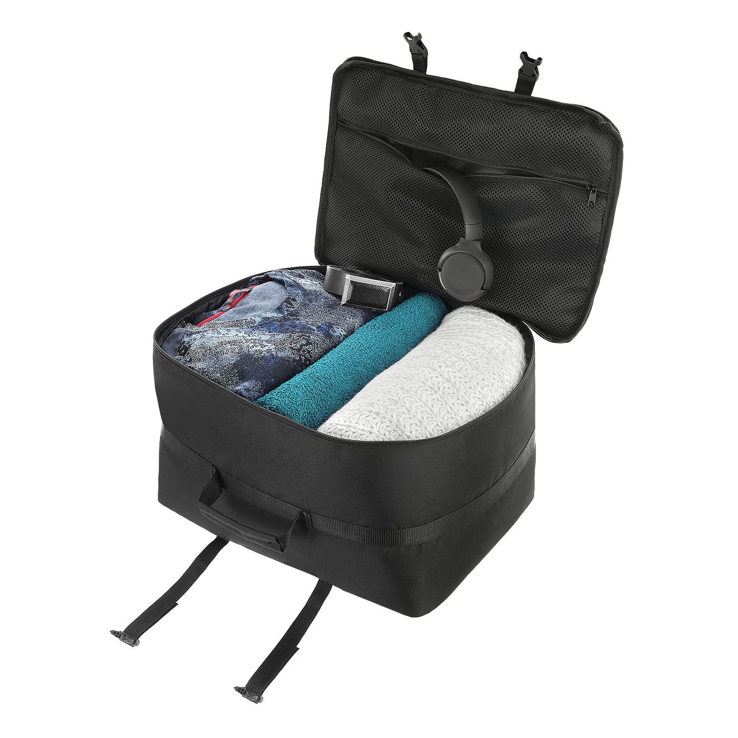 40x30x25 cm / 40x30x20 cm (flexible Maße) Handgepäck Koffer-Rucksack aufklappbar für Eurowings (geöffnet)