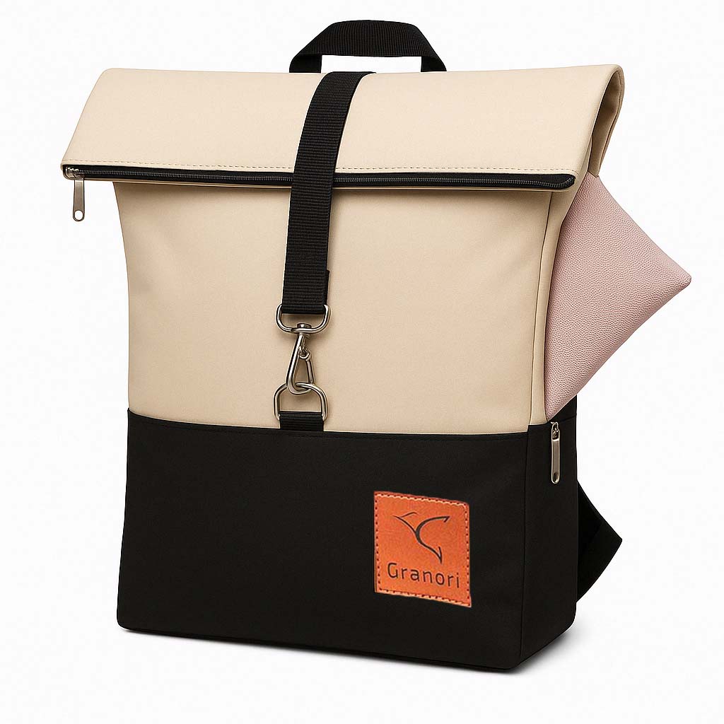 Fahrrad Gepäckträger Rucksack in beige mit Außentasche und Klickbefestigung zur Anbringung am Rad hinten