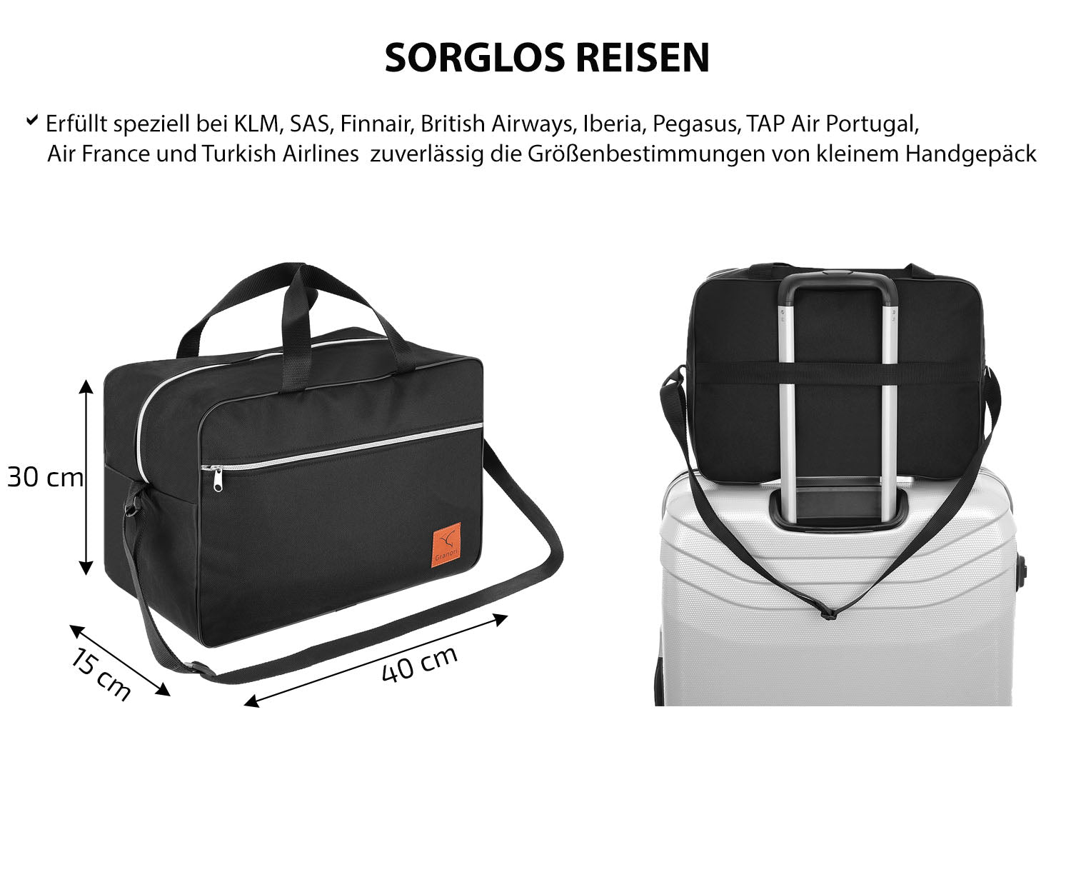 Kleine Handgepäck Tasche 40x30x15 cm für Flug mit KLM, Air France, British Airways uvm.