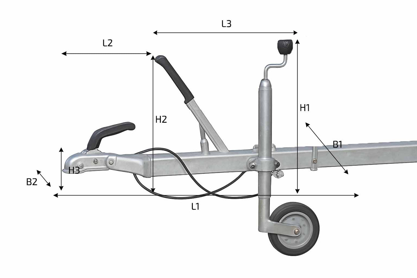 Maße für eine maßgefertigte Deichselabdeckung mit Höhen-, Längen- und Breitenangaben