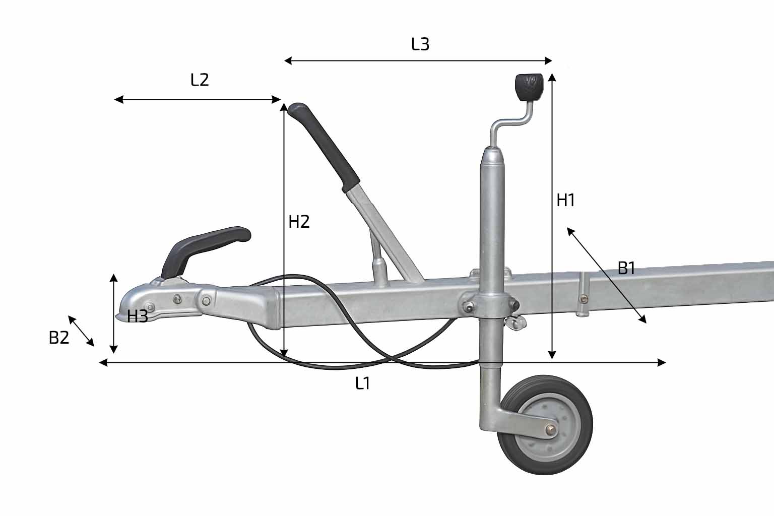 Maße für eine maßgefertigte Deichselabdeckung mit Höhen-, Längen- und Breitenangaben