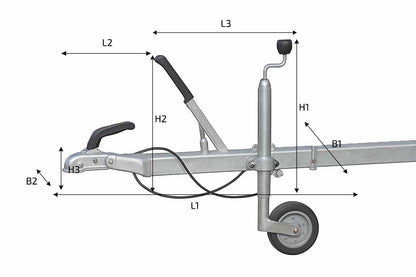 Maße für eine maßgefertigte Deichselabdeckung mit Höhen-, Längen- und Breitenangaben