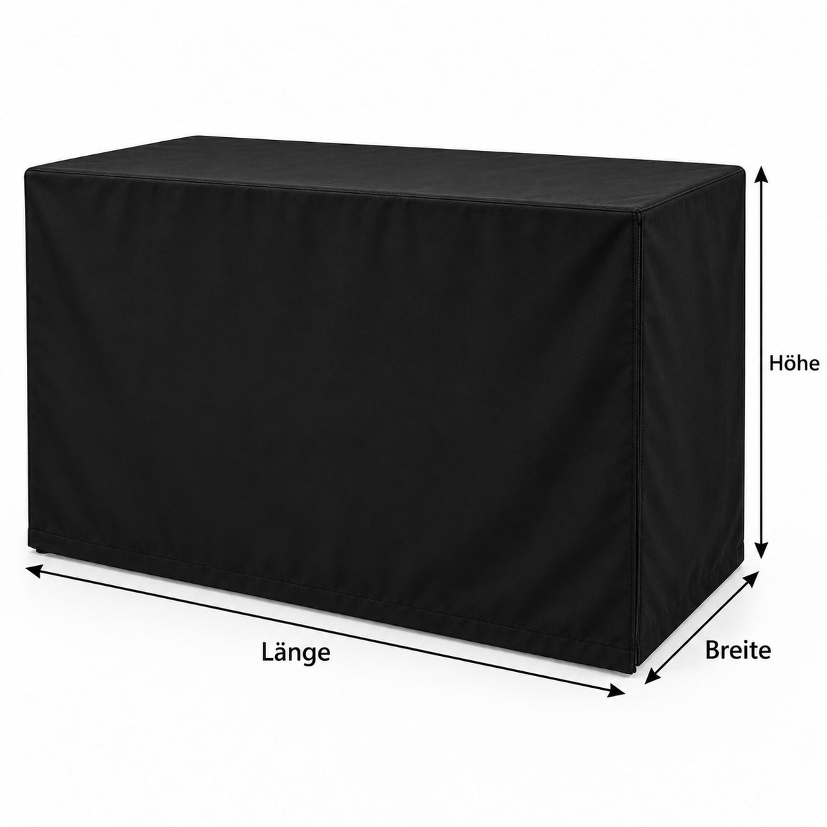 Maßskizze einer DJ Stand Abdeckhaube mit Länge, Breite und Höhe