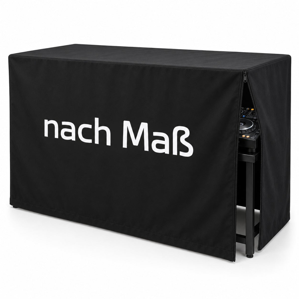 Schwarze wasserdichte DJ Tisch Abdeckung nach Maß mit angehobener Ecke und sichtbarem Controller