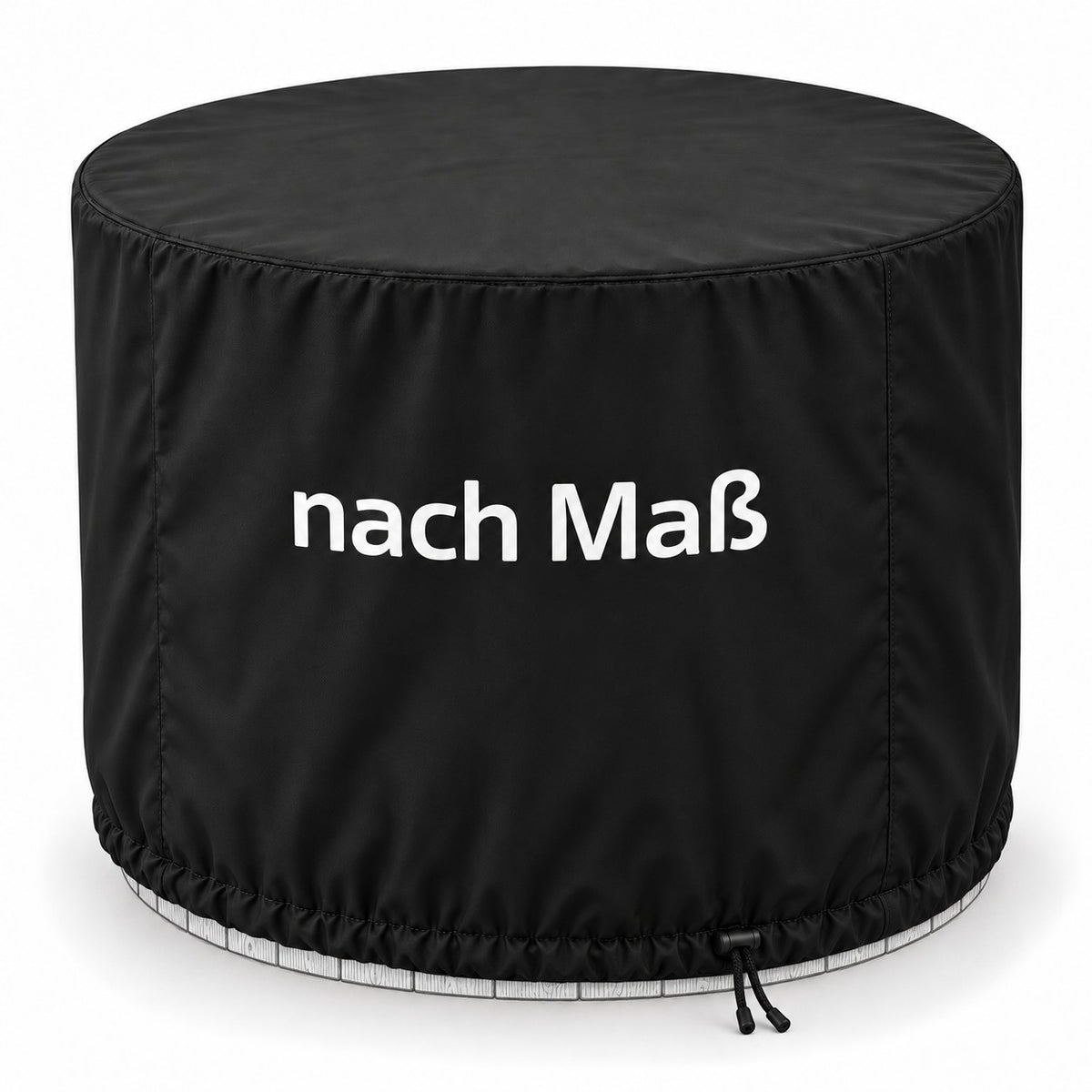 Runde Eisfass Schutzhülle mit Kordelzug über einem skizzierten Badefass