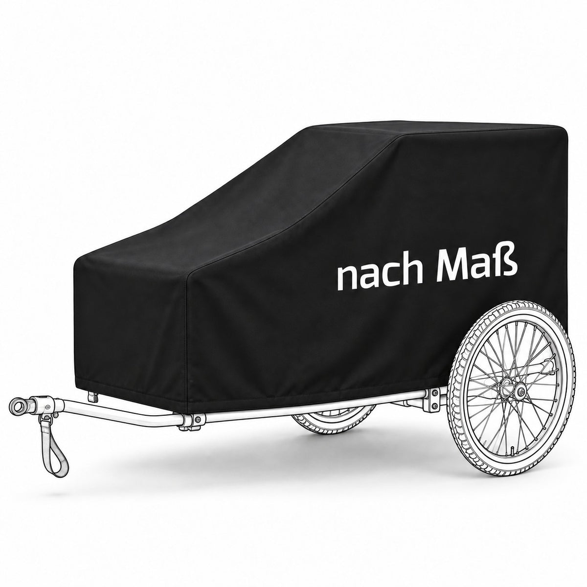 Abdeckhaube nach Maß über einem skizzierten Fahrradanhänger mit niedriger Front und höherem Heck