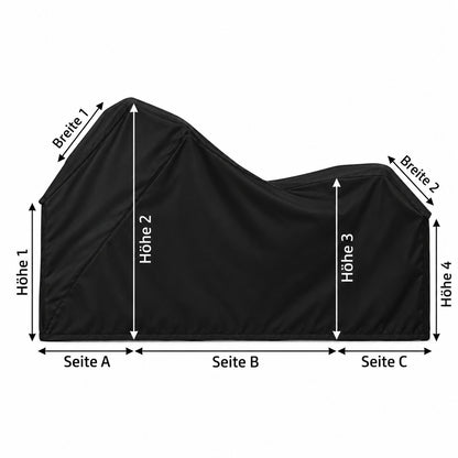 Maßskizze einer Fahrradgarage nach Maß mit Seiten A, B und C, zwei Breiten und vier Höhen