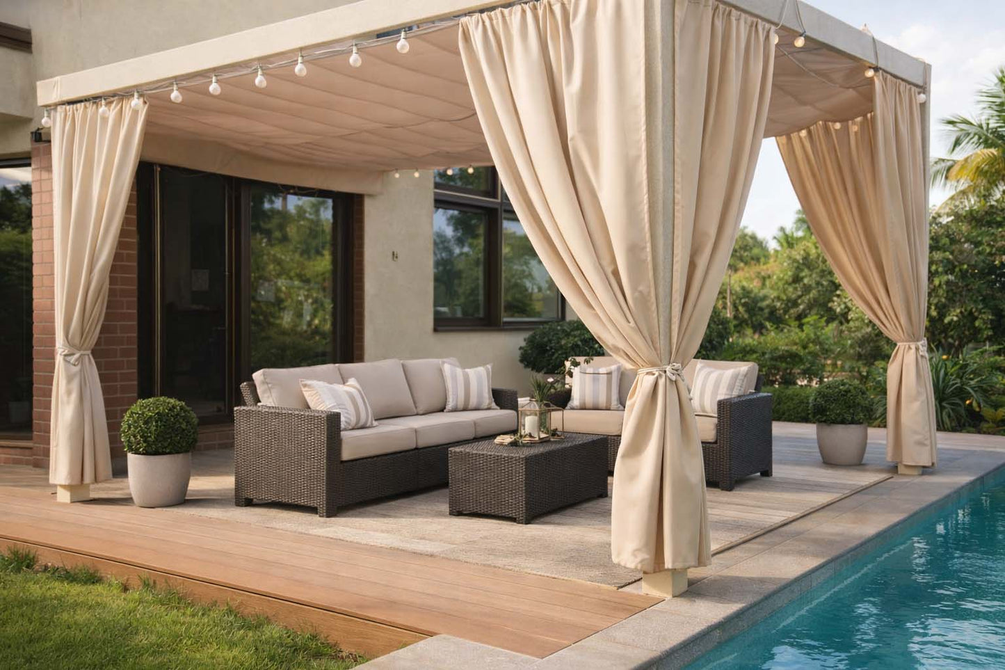 Maßgefertigte und blickdichte Garten Vorhänge für Terrasse mit Sonnen- und Windschutz