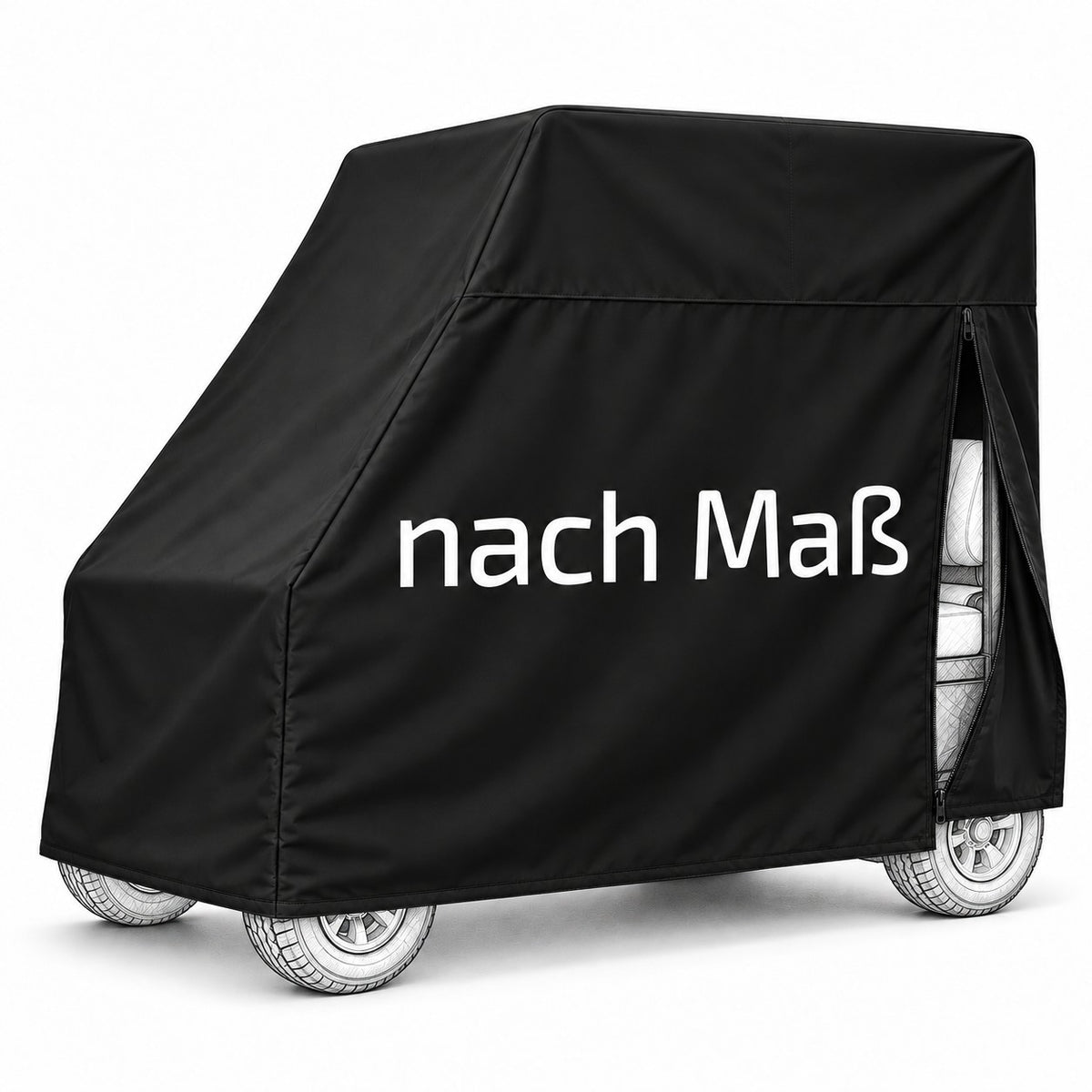 Schwarze Golfcart Schutzhülle über einem Fahrzeug mit hohem Dachbereich