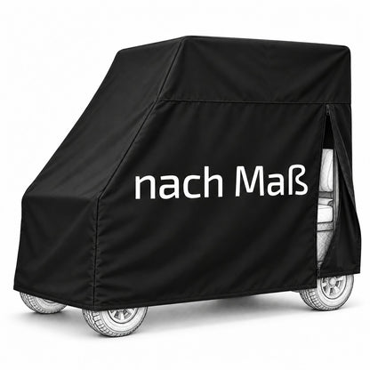 Schwarze Golfcart Schutzhülle über einem Fahrzeug mit hohem Dachbereich