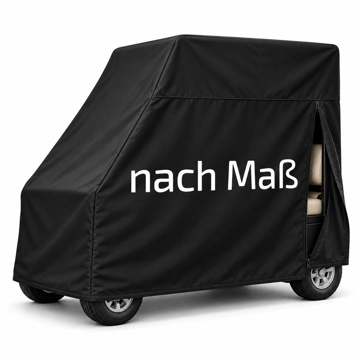 Wasserdichte Golfwagen Abdeckung nach Maß in Schwarz mit schräger Front und teilweise sichtbaren Rädern